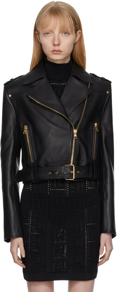 Balmain Chain Quilted-sleeves Leather Crop Biker Jacket In Black
