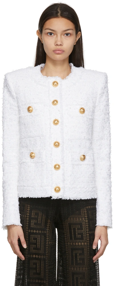 Balmain Collarless Four-pocket Tweed Jacket In White