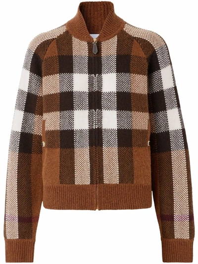 Burberry Demmi Check Jacquard Wool & Cashmere Sweater Bomber Jacket In Brown