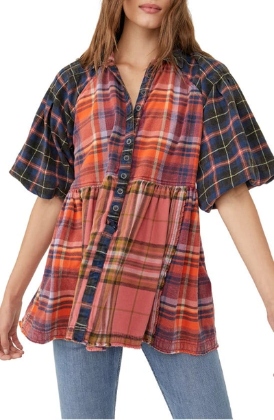 Free People Moon Bay Mixed Plaid Shirt In Red