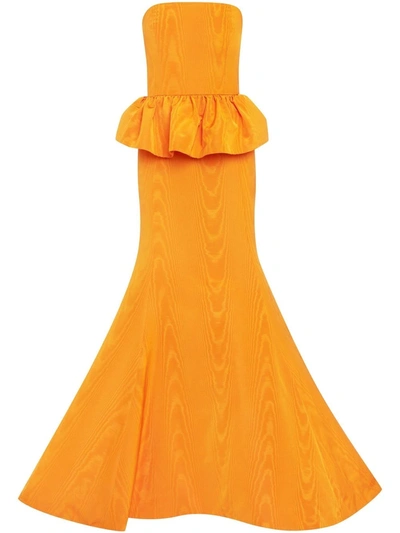 Oscar De La Renta Strapless Cotton-blend Moire Peplum Gown In Orange