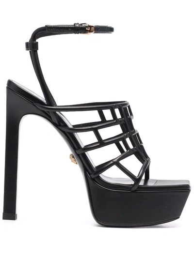 Versace Greca Maze Leather Platform Sandals In Black