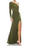 Mac Duggal One-shoulder Long Sleeve Jersey Gown In Olive