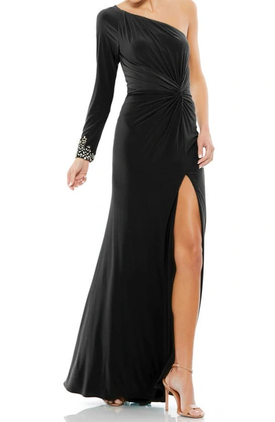 Mac Duggal Twist Front Embellished Sleeve Jersey Gown In Black