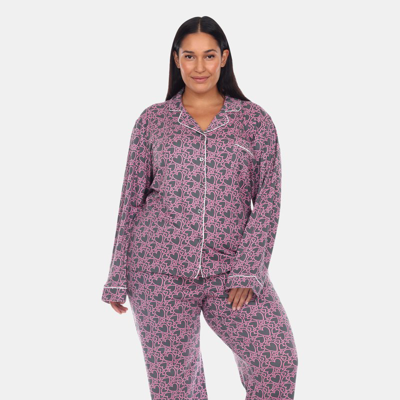White Mark Plus Size 2 Piece Long Sleeve Heart Print Pajama Set In Grey