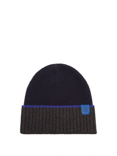 Loewe Leather-trimmed Ribbed Wool Beanie In Navy Blue/grey