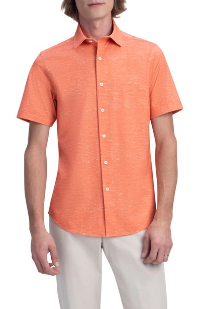 Bugatchi Tech Slub Knit Short Sleeve Stretch Cotton Button-up Shirt In Coral