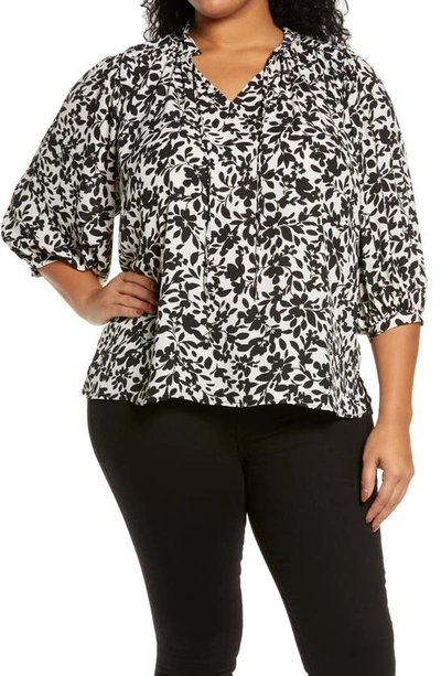 Vince Camuto Shadow Floral Split Neck Blouse In White