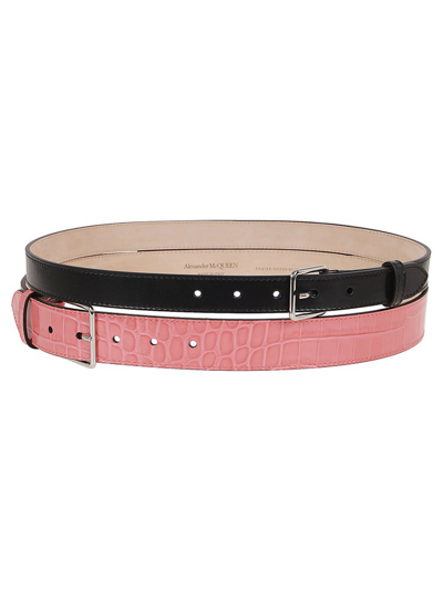 Alexander Mcqueen Double Leather Belt With Silver Buckle - Atterley In Black