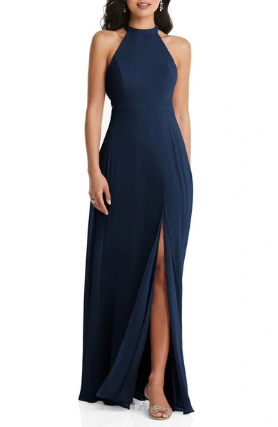 Dessy Collection Cutout Open-back Halter Maxi Dress With Scarf Tie In Midnight