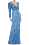 Mac Duggal Long Sleeve Sequin Trumpet Gown In French Blue