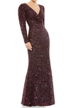 Mac Duggal Long Sleeve Sequin Trumpet Gown In Mahogany