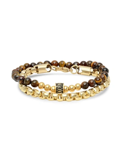 Anthony Jacobs Men's 2-piece 18k Goldplated Box Link & Tiger Eye Beaded Bracelets In Silver