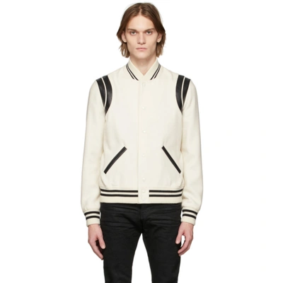 Saint Laurent Teddy Leather-trim Wool-blend Bomber Jacket In Cream