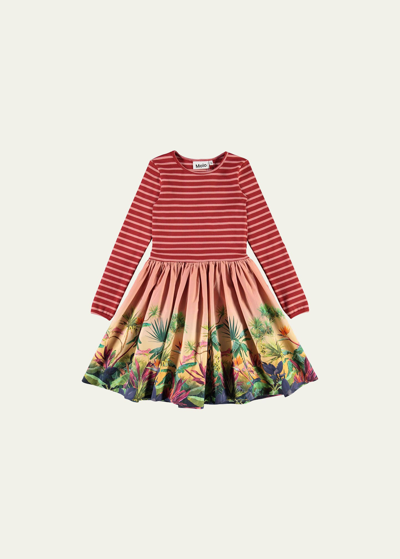 Molo Kids' Girl's Casie Combo Dress With Jungle-print Skirt In Red