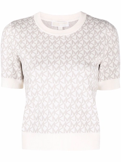 Michael Michael Kors Jacquard Logo Short-sleeve Top In Weiss