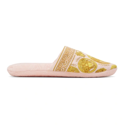 Versace Bath Slippers Pink And Gold In White