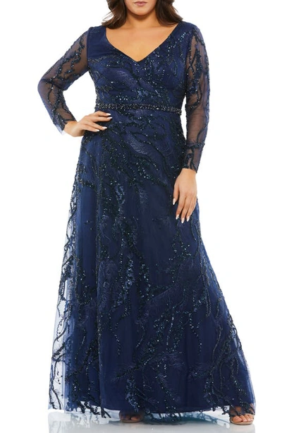 Mac Duggal Illusion Long Sleeve Gown In Midnight