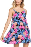 Roxy Juniors' Beachy Vibes Printed Dress Cover-up Women's Swimsuit In Anthracite Tropical Oasis
