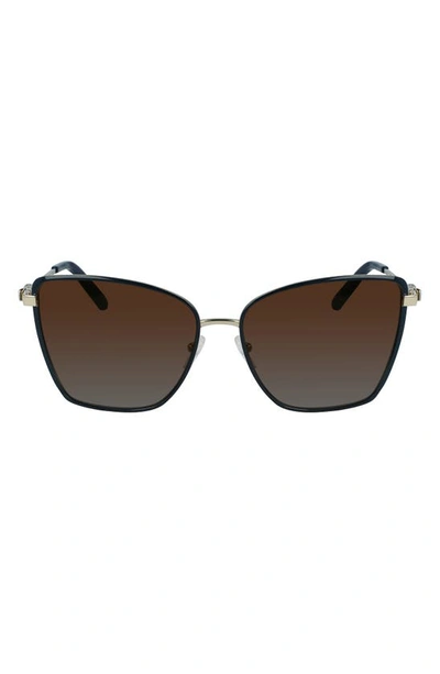 Ferragamo Vara 59mm Rectangular Sunglasses In Light Gold/ Blue