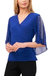 Chaus Beaded Sleeve Surplice Knit Top In Goddess Blue