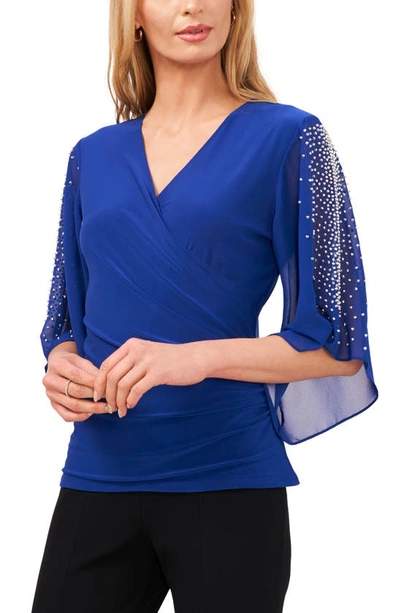 Chaus Beaded Sleeve Surplice Knit Top In Goddess Blue