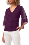 Chaus Beaded Sleeve Surplice Knit Top In Luxe Plum