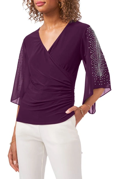 Chaus Beaded Sleeve Surplice Knit Top In Luxe Plum