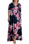 Kiyonna Cara Crushed Velvet Wrap Gown In Navy Floral Print
