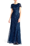 Adrianna Papell Short Sleeve Sequin Mesh Gown In Deep Blue