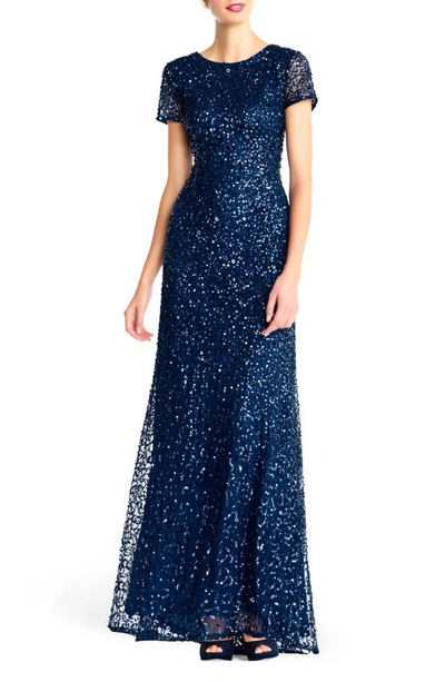 Adrianna Papell Short Sleeve Sequin Mesh Gown In Deep Blue