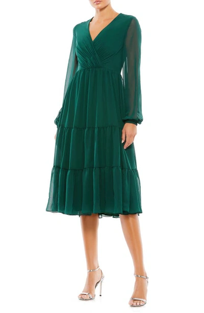 Mac Duggal Illusion Sleeve Ruched V Neck Tiered Midi Dress In Emerald