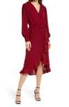 Fraiche By J Faux Wrap Ruffle Long Sleeve Dress In Wine