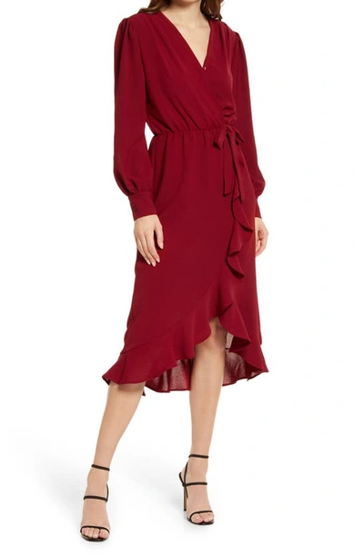 Fraiche By J Faux Wrap Ruffle Long Sleeve Dress In Wine