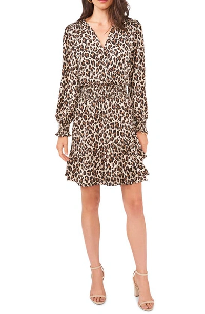 Vince Camuto Leopard Print Long Sleeve Dress In Rich Black