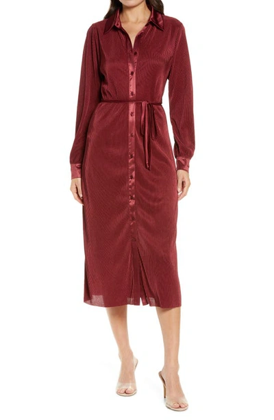 Charles Henry Plissé Long Sleeve Shirtdress In Burgundy