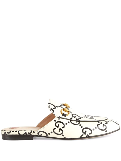 Gucci Neutral Princetown Logo Print Leather Mules In White