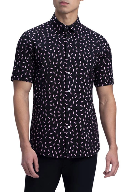 Bugatchi Tech Ice Pop Print Knit Short Sleeve Stretch Cotton Button-up Shirt In Pink