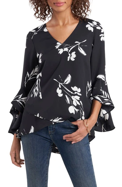 Vince Camuto Floral Print Trumpet Sleeve Top In Black/ White Floral