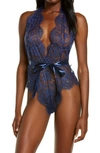 Oh La La Cheri Naomi Plunge Neck Lace Bodysuit In Estate Blue