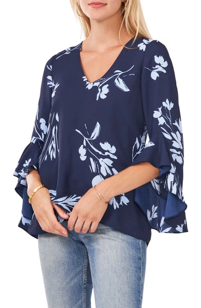 Vince Camuto Floral Print Trumpet Sleeve Top In Classic Navy
