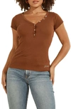 Guess Essential V-neck Logo Henley Top In Burnt Wood