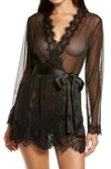 Oh La La Cheri Lace Trim Mesh Robe & G-string Set In Black