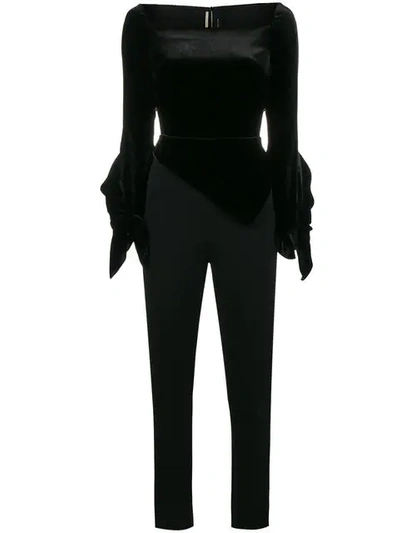 Roland Mouret Rayleigh Long-sleeve Velvet Combo Jumpsuit In Black