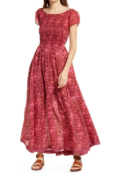 Free People Ultraviolet Smocked Maxi Dress In Raspberry Combo