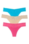 Natori Bliss Perfection Lace Trim Thong In Electric Pink/tropic/cafe