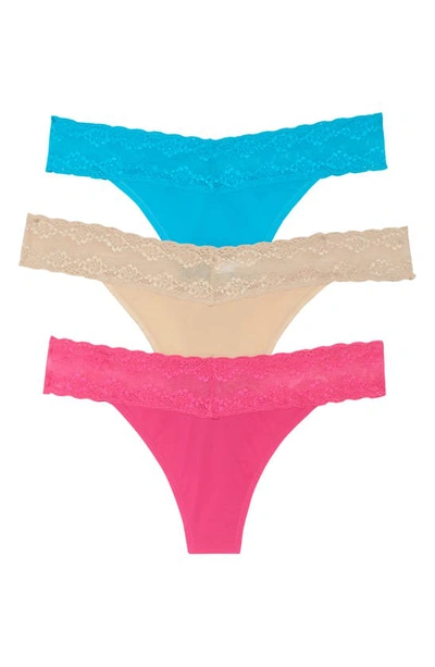 Natori Bliss Perfection Lace Trim Thong In Electric Pink/tropic/cafe