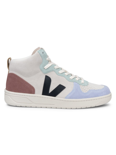 Veja V-15 High-top Nubuck And Leather Trainers In Multico Natural Black