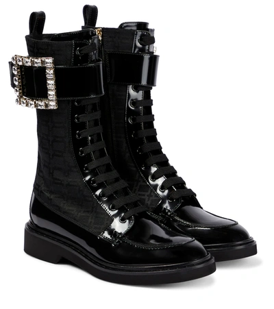Roger Vivier Women's Viv Rangers Strass Buckle Jacquard & Patent Leather Boots In Black