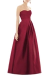 Alfred Sung Strapless Satin Twill A-line Gown In Burgundy